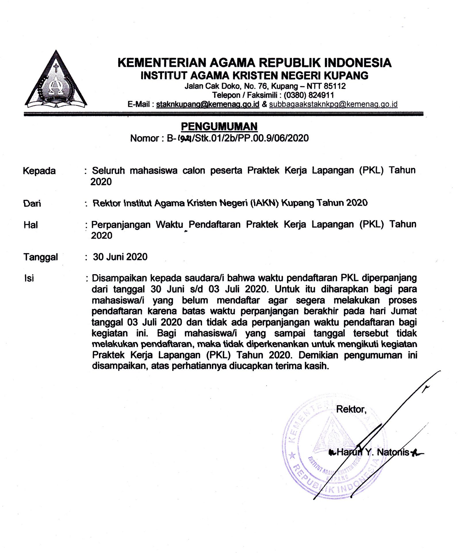 Pengumuman Perpanjang Waktu Pendaftaran PKL Tahun 2020